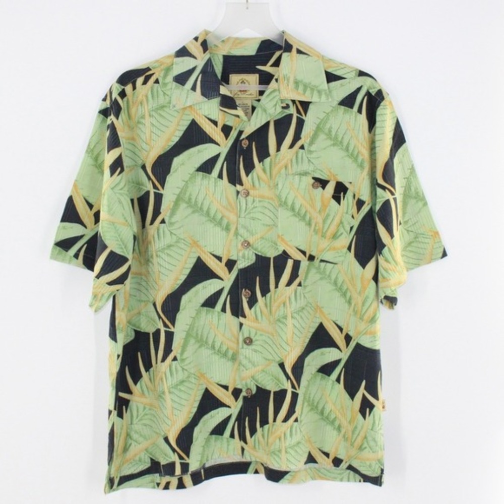 Joe Marlin Hawaiian Shirt Tropical Leaf Print Size Large Green Black